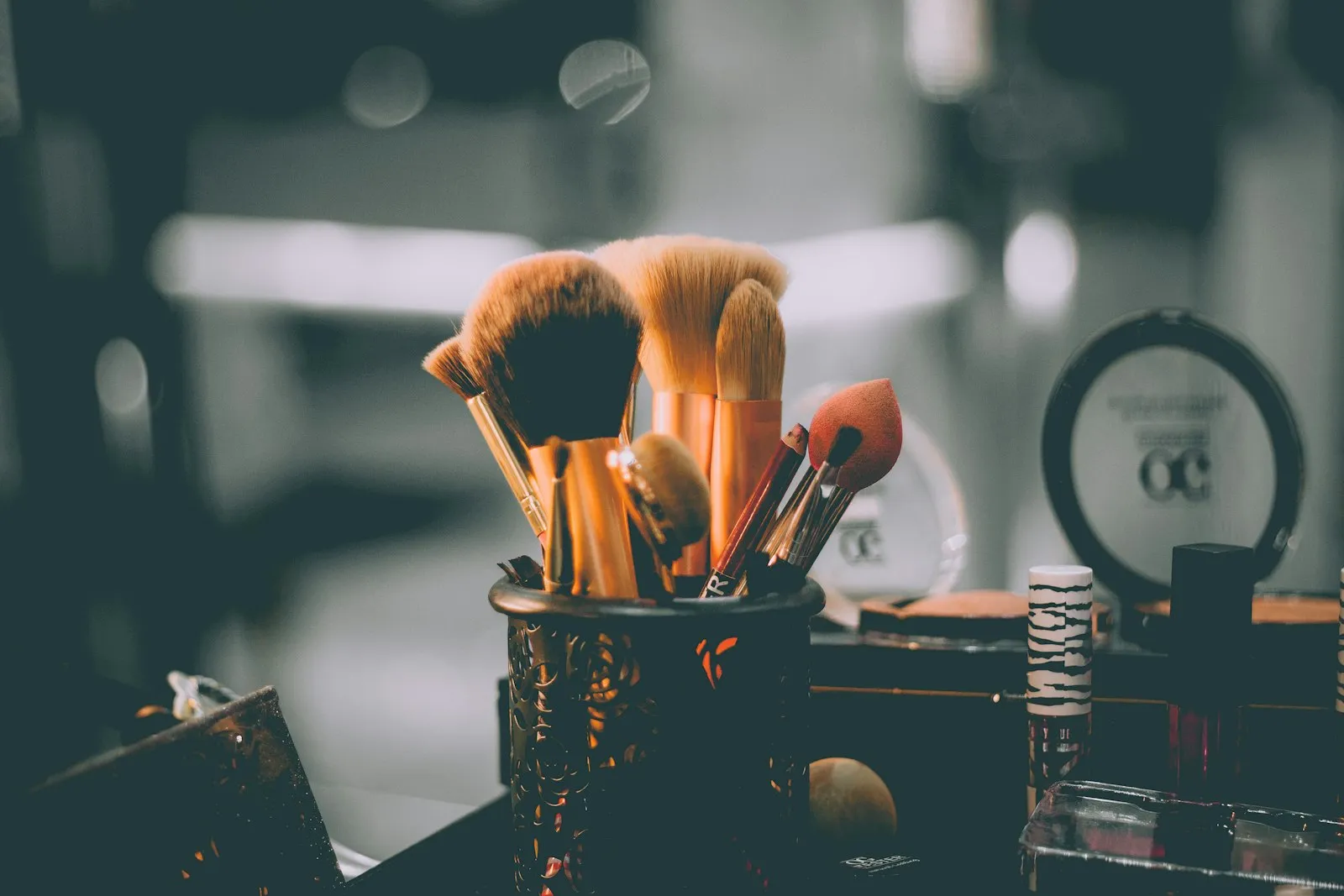 A close-up of assorted makeup brushes